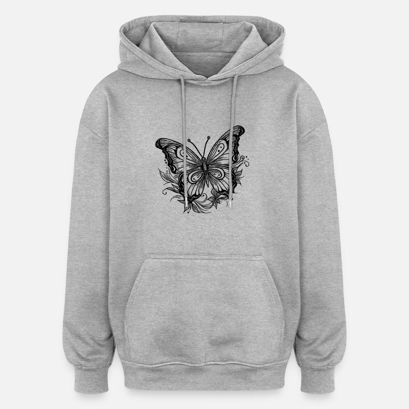 Style Tatouage de fleur Papillon - Sweat à capuche oversize unisexe - gris chiné