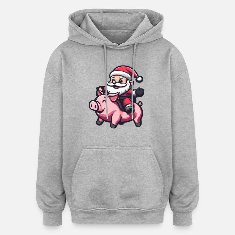 Cochon Père Noël Dessin animé - Sweat à capuche oversize unisexe - gris chiné