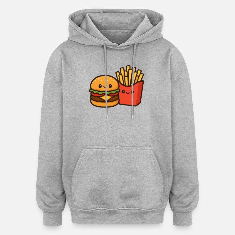 Kawaii Burger & Fries Duo - Sweat à capuche oversize unisexe - gris chiné