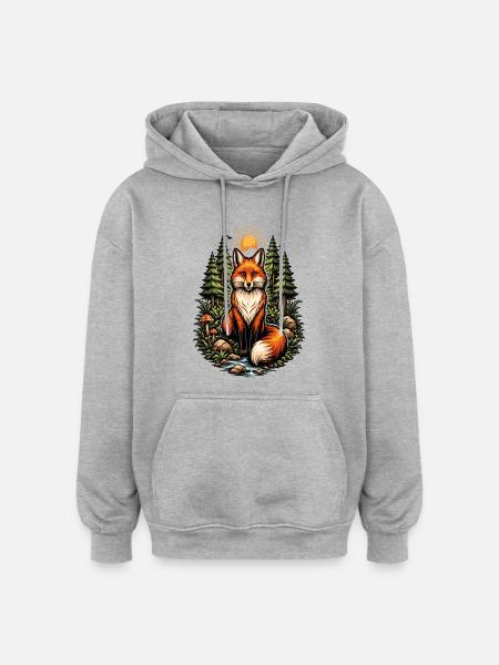 Fuchs im Wald bei Sonnenaufgang - Oversized Unisex Hoodie - Grau meliert
