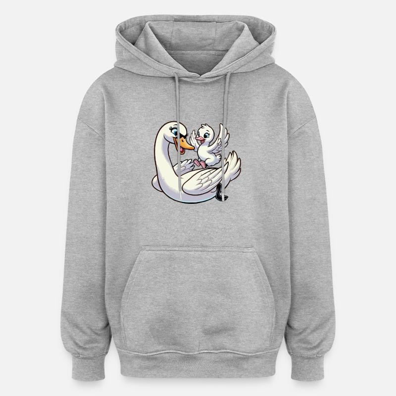 Cygne mère et enfant gambadant - Sweat à capuche oversize unisexe - gris chiné