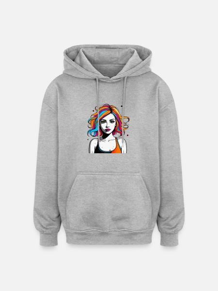 Eine Frau mit Bunte Harre - Oversized Unisex Hoodie - Grau meliert