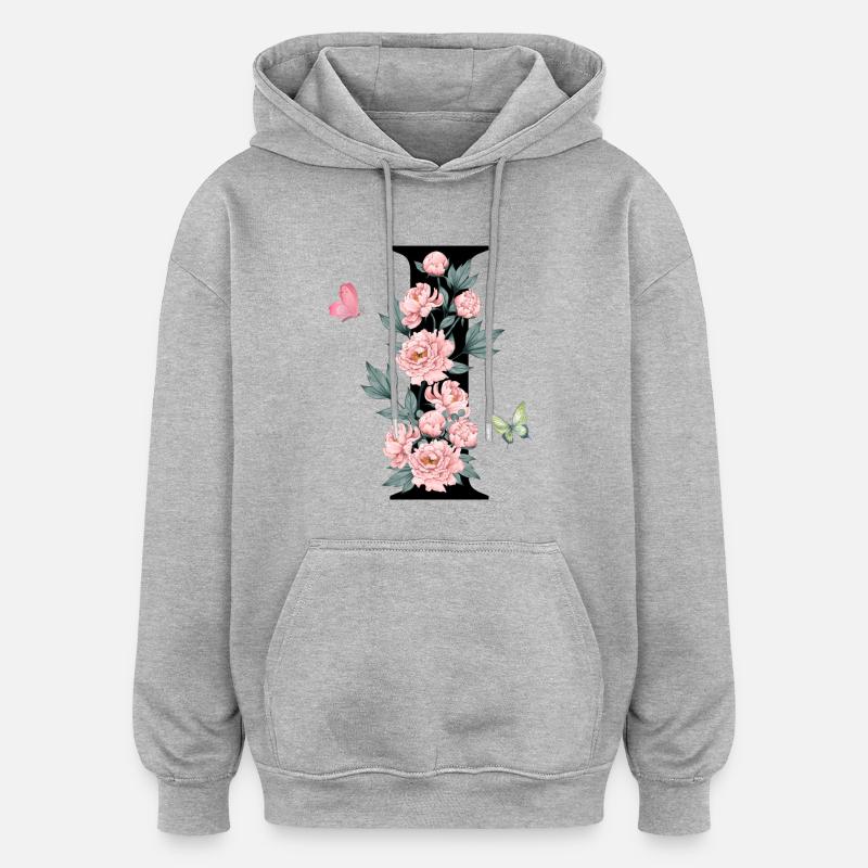Lettre i fleurs rose - Sweat à capuche oversize unisexe - gris chiné