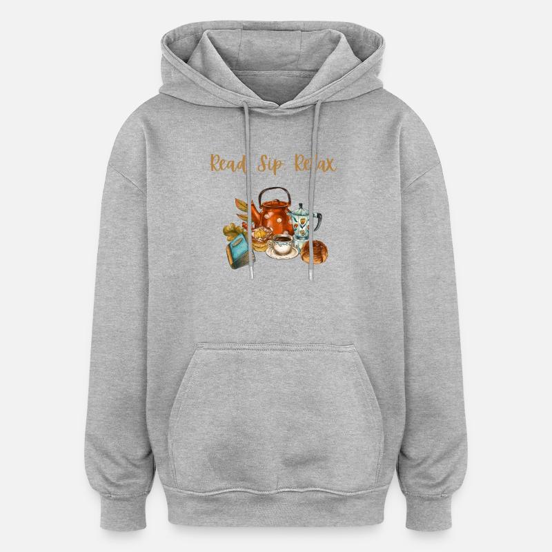 Cozy Autumn Vibe: Read, Sip, & Relax - Sweat à capuche oversize unisexe - gris chiné