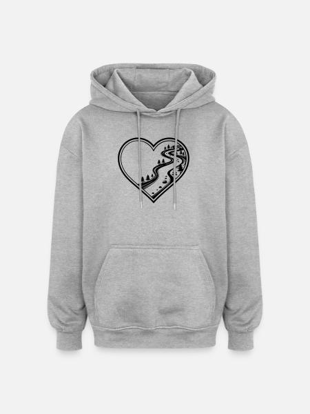 Personalisiebares Herz mit Wald-, Wanderpfad - Oversized Unisex Hoodie - Grau meliert