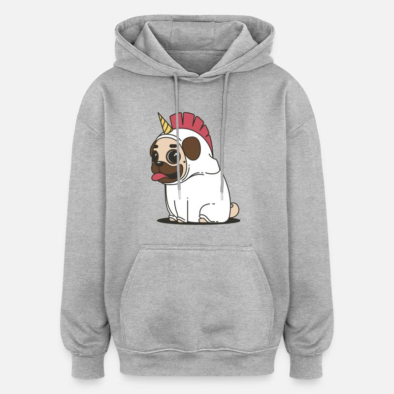 Knuffiger Einhorn Mops - Oversized Unisex Hoodie - Grau meliert