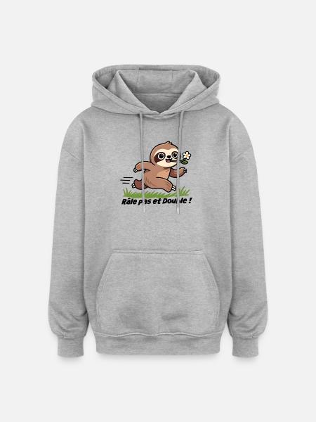 Curious Sloth and Flower - Oversized Unisex Hoodie - heather grey
