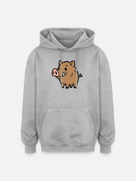 Süßes Wildschwein Comic Glücksbringer - Oversized Unisex Hoodie - Grau meliert