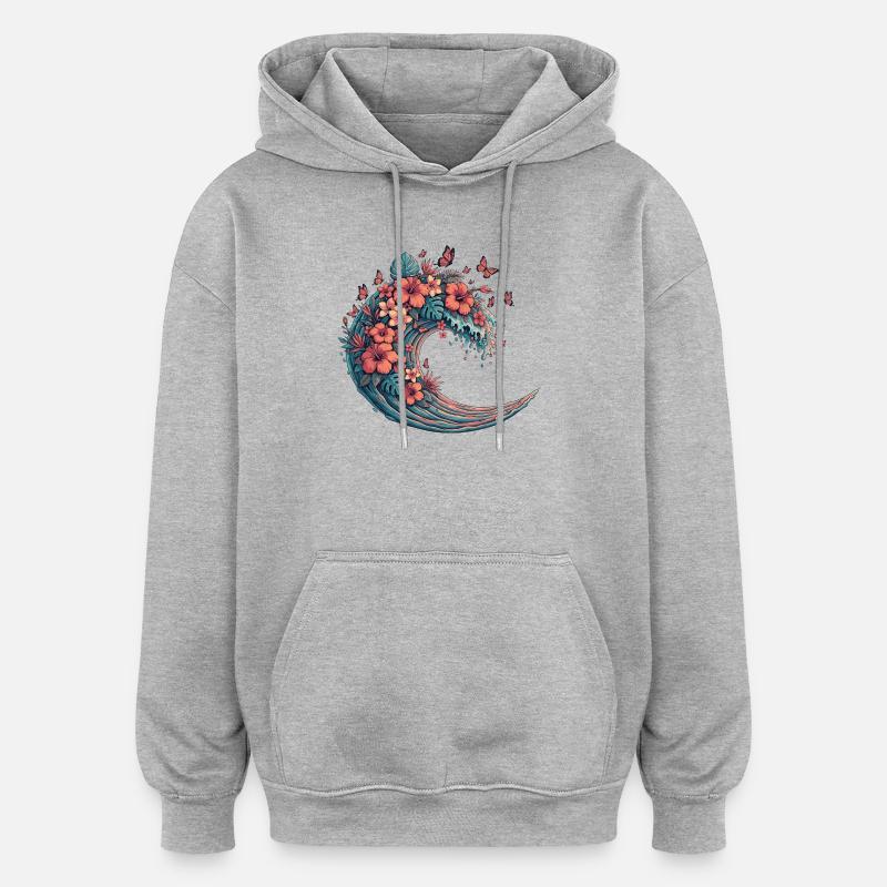 Vague lunaire avec des fleurs tropicales - Sweat à capuche oversize unisexe - gris chiné
