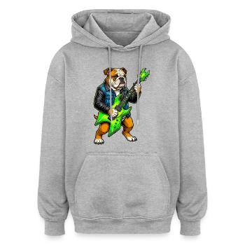 Bulldog Rocker with Neon Guitar - Oversized Unisex Hoodie - heather grey - Front - Noah (186cm)