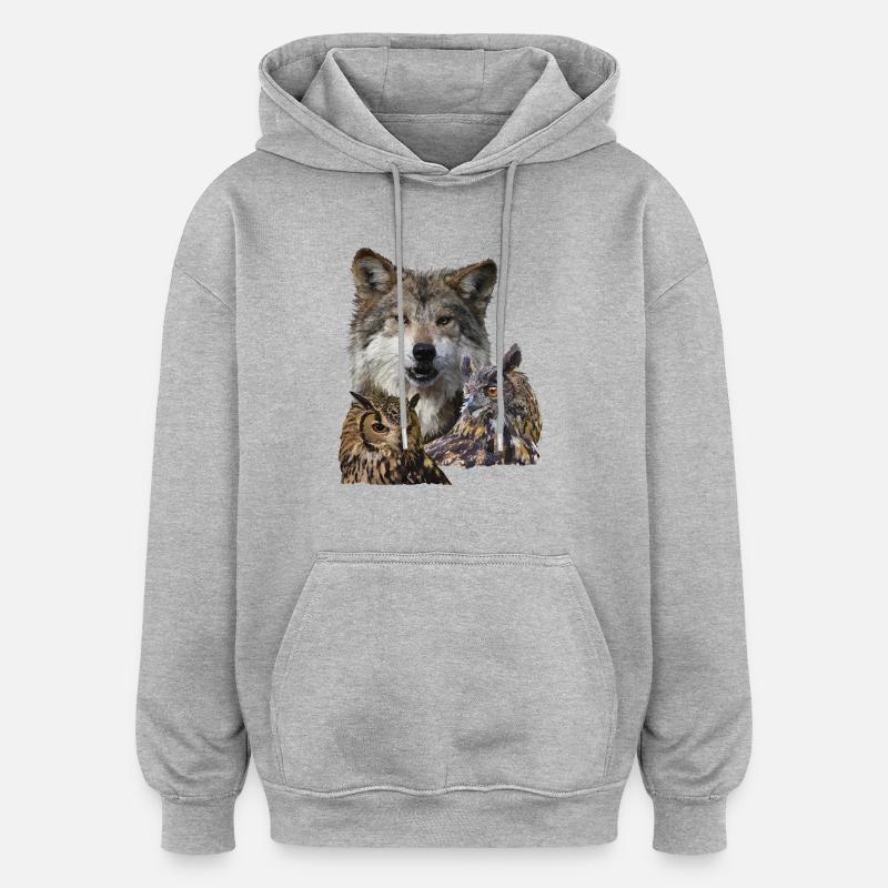 Wolf und Eulen - Oversized Unisex Hoodie - Grau meliert
