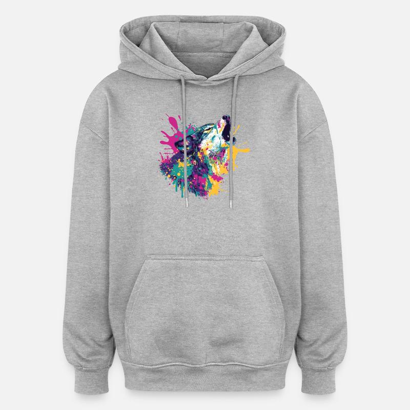 Wolf im Farbexplosion Stil - Oversized Unisex Hoodie - Grau meliert