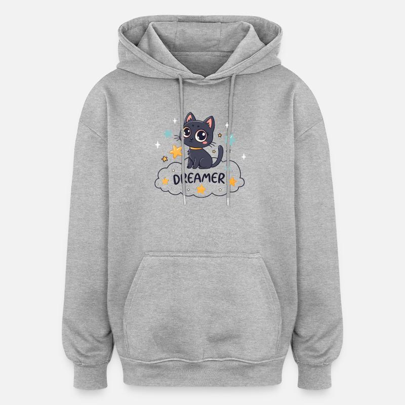 Chat rêveur étoilé sur nuage - Sweat à capuche oversize unisexe - gris chiné