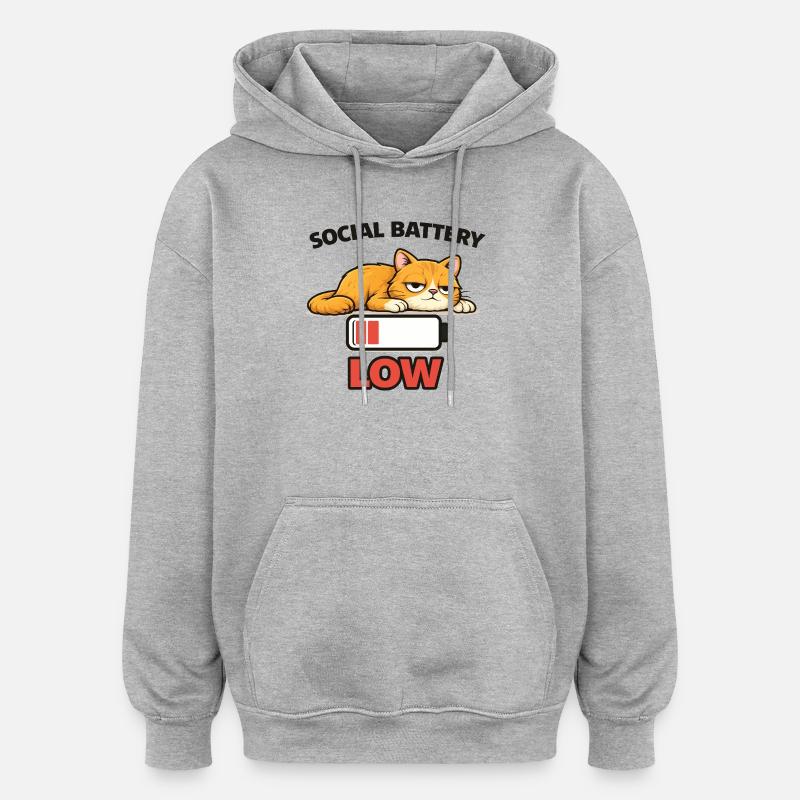 Low Battery Cat Graphic Tee - Oversized Unisex Hoodie - heather grey