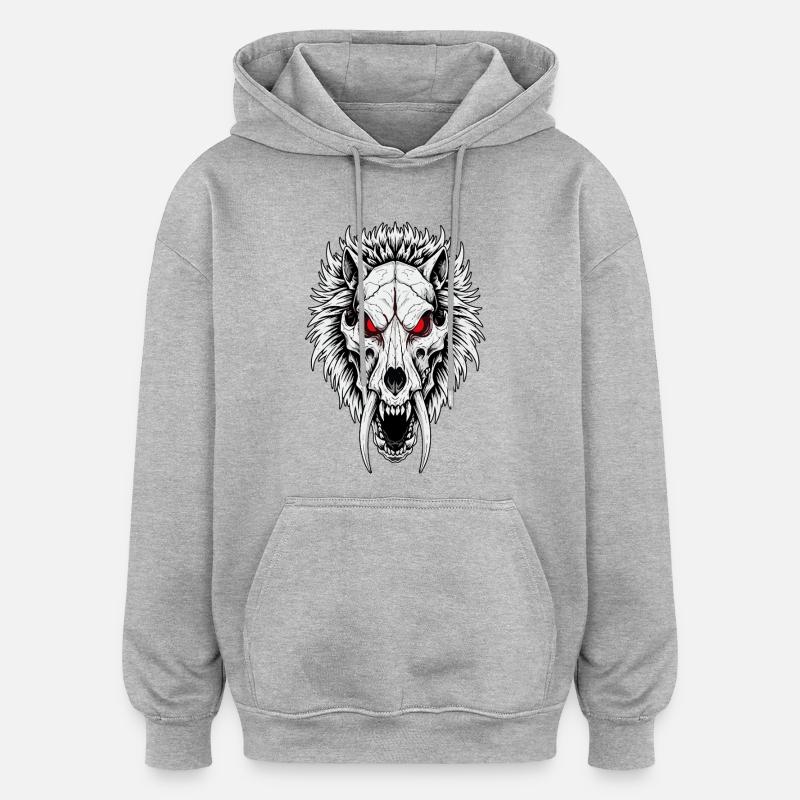 Shamanic Sabertooth Wolf Skull Red Eyes - Oversized Unisex Hoodie - heather grey