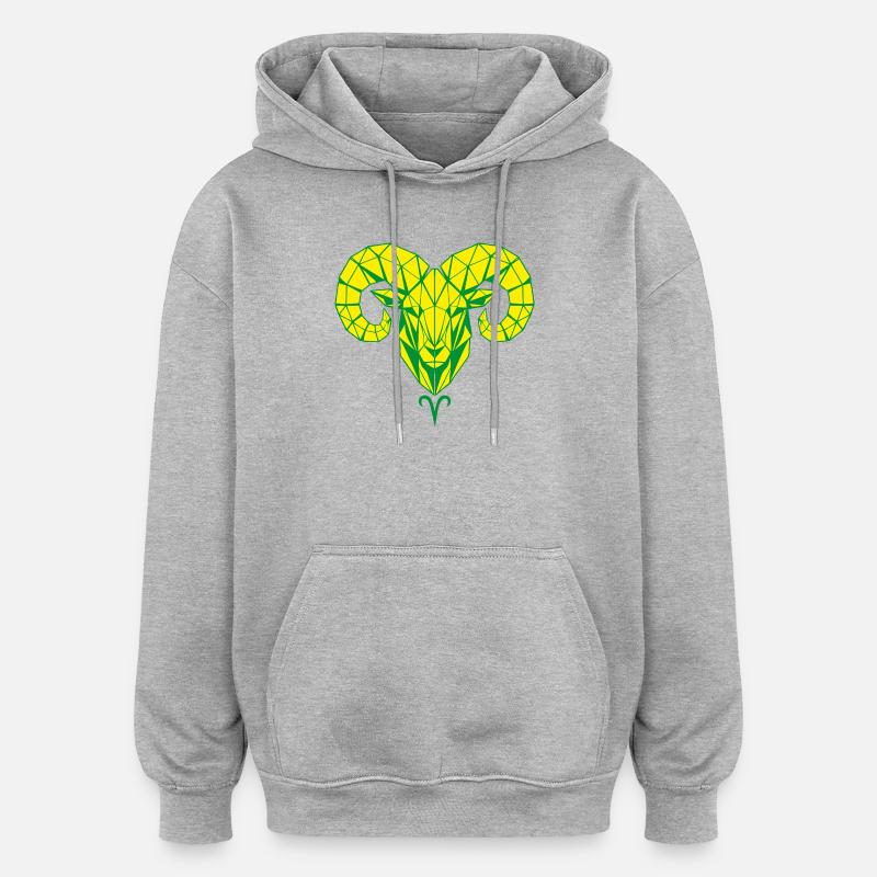 Tête géométrique de bélier jaune-vert - Sweat à capuche oversize unisexe - gris chiné
