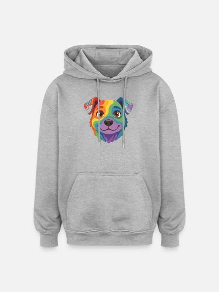 Cute Rainbow Cyber Dog Cartoon Face - Oversized Unisex Hoodie - heather grey