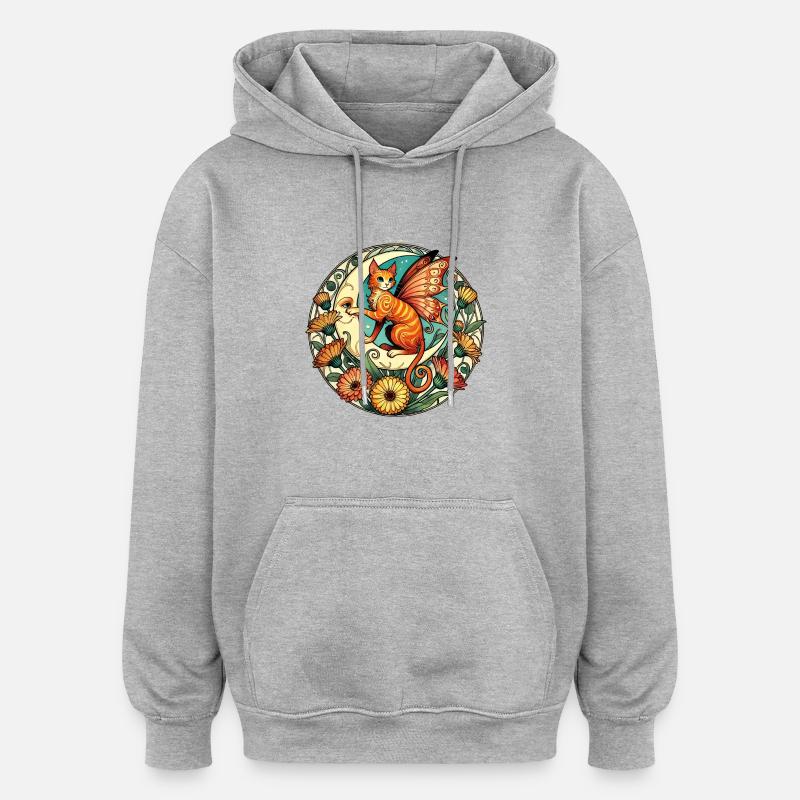 Illustration de fée chat roux - Sweat à capuche oversize unisexe - gris chiné