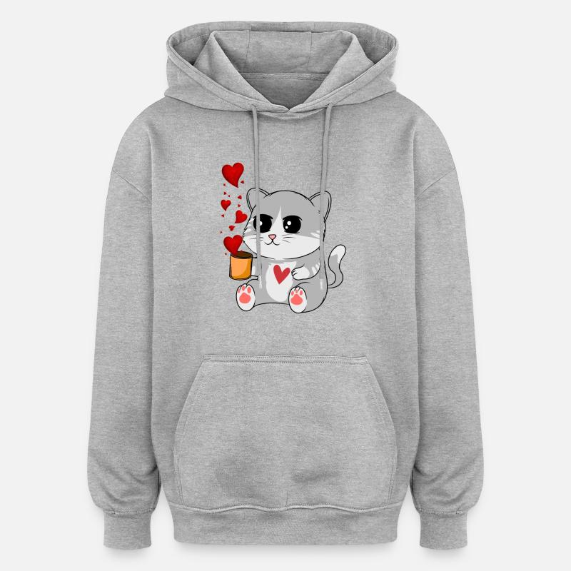 gros chat et coeurs - Sweat à capuche oversize unisexe - gris chiné