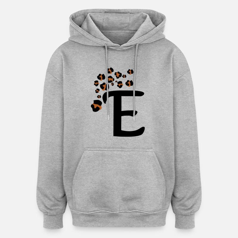 Lettre e motifs léopard - Sweat à capuche oversize unisexe - gris chiné