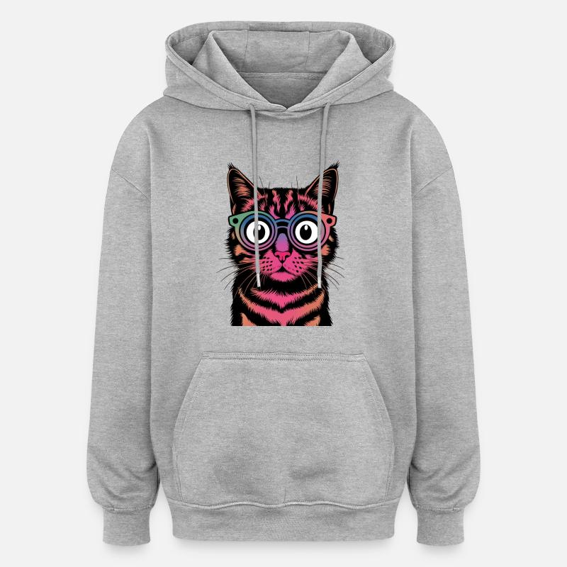 Regenbogen-Katze mit Brille - Oversized Unisex Hoodie - Grau meliert