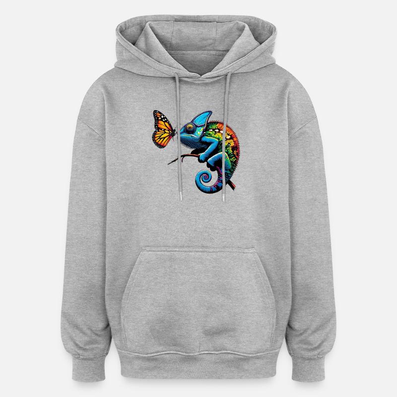 Caméléon et papillon - Sweat à capuche oversize unisexe - gris chiné