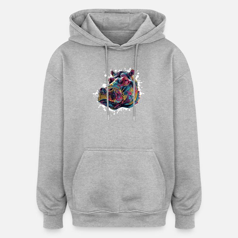 Bunter Hippo Farbspritzer - Oversized Unisex Hoodie - Grau meliert
