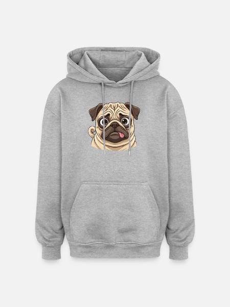 Cuddly Pug Cartoon Face - Oversized Unisex Hoodie - heather grey