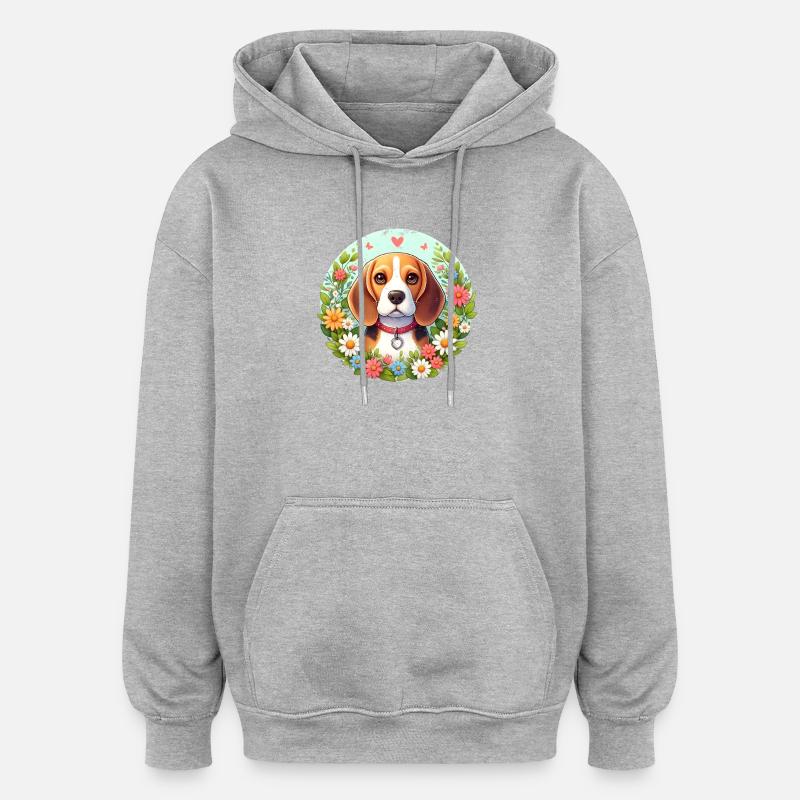 Fleurs de beagle - Sweat à capuche oversize unisexe - gris chiné