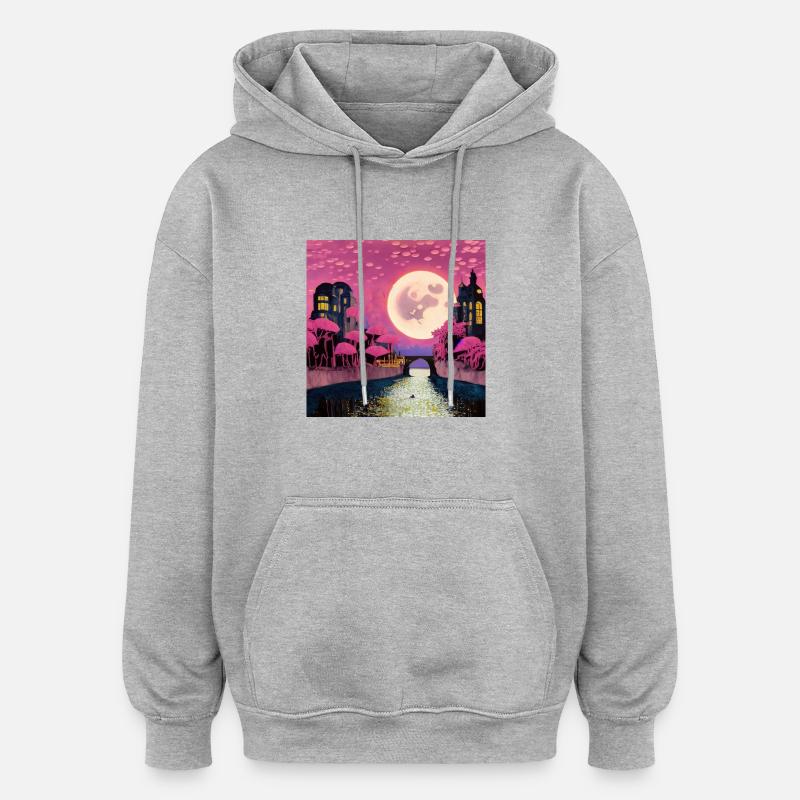 Lune rose - Sweat à capuche oversize unisexe - gris chiné