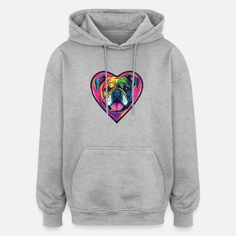 Bouledogue Chien Coeur Amour - Sweat à capuche oversize unisexe - gris chiné