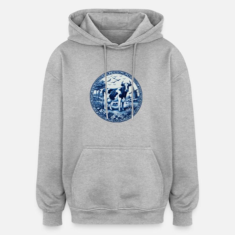 Niebieska krowa z Delft - Bluza z kapturem oversize typu unisex - szary melanż