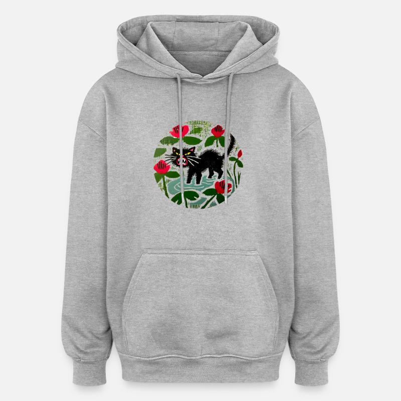 Chat noir et coquelicots - Sweat à capuche oversize unisexe - gris chiné