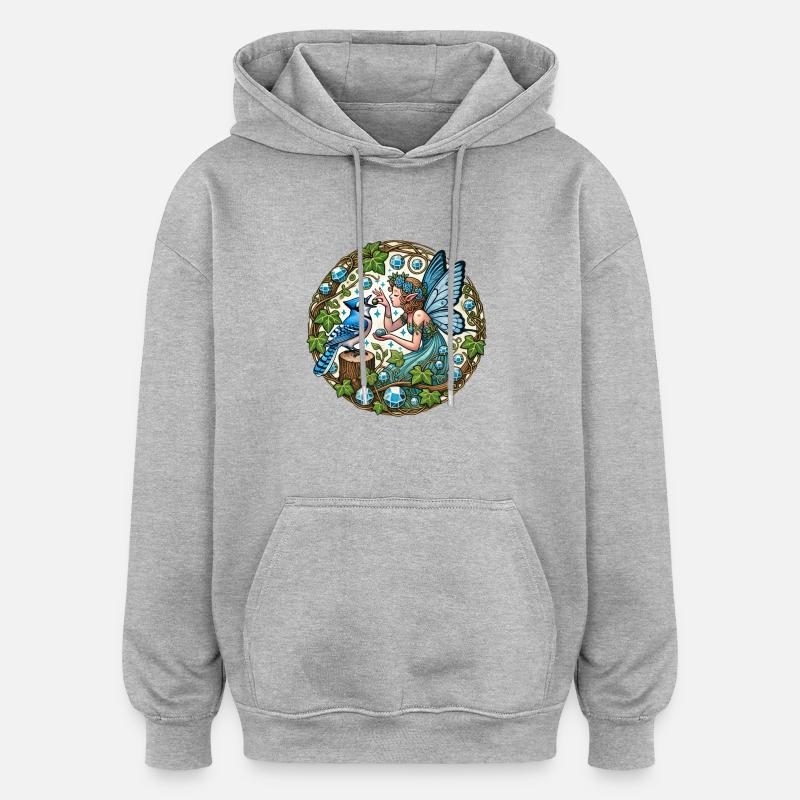 Geai bleu Fée Fantasy Art - Sweat à capuche oversize unisexe - gris chiné
