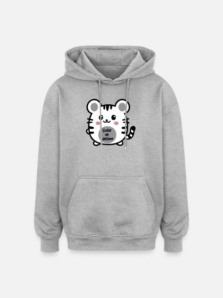 Kawaii Tiger Cutie in Action - Oversized Unisex Hoodie - heather grey
