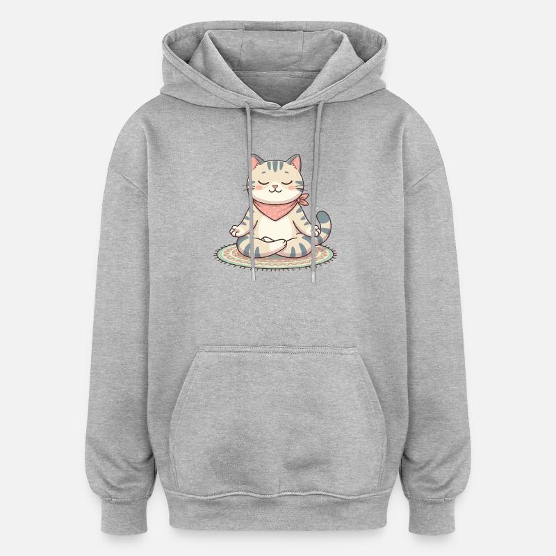 Chat zen méditation  - Sweat à capuche oversize unisexe - gris chiné
