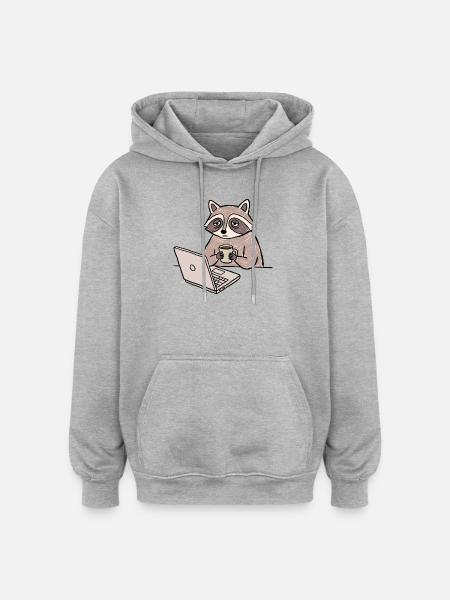 Müder Waschbär Kaffee & Laptop - Oversized Unisex Hoodie - Grau meliert