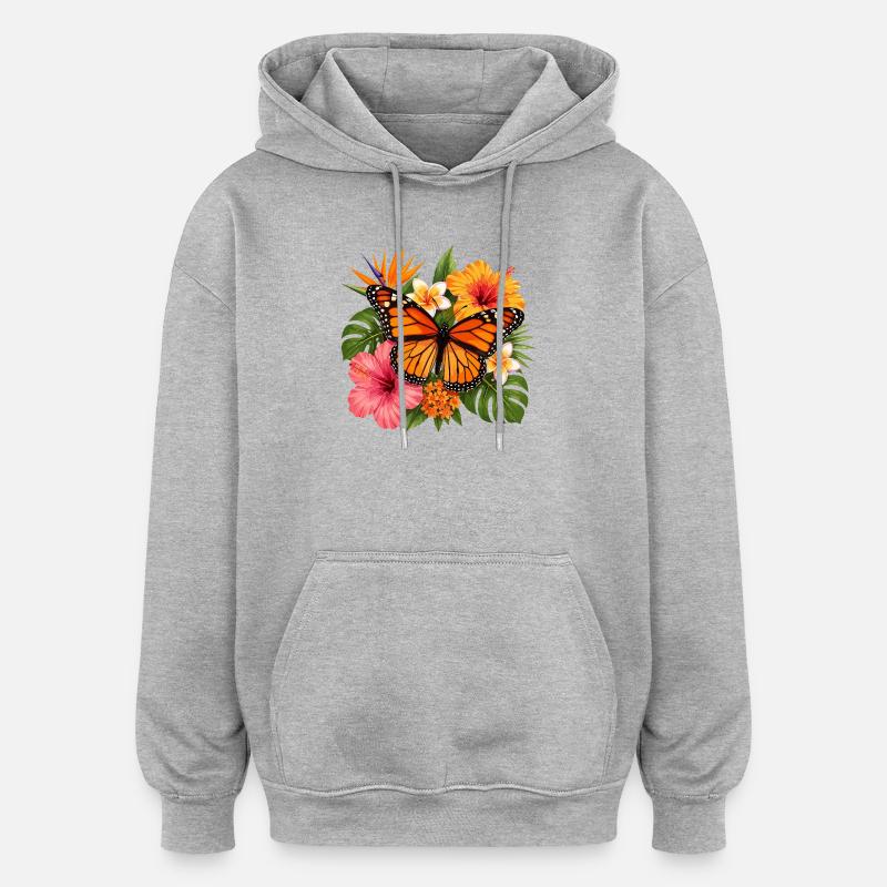 Fleur tropicale du papillon monarque - Sweat à capuche oversize unisexe - gris chiné