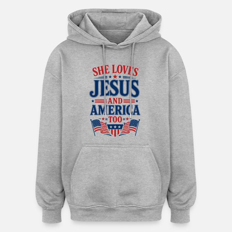 Elle aime Jésus et l’Amérique - Sweat à capuche oversize unisexe - gris chiné