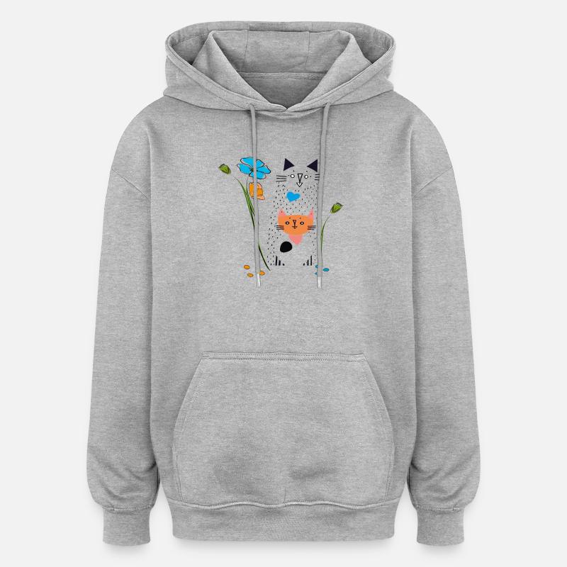 Chat noir aux fleurs - Sweat à capuche oversize unisexe - gris chiné