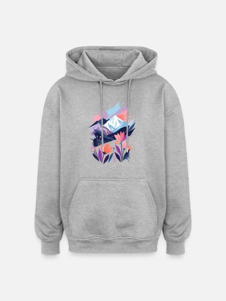 Mountains and flowers in pastels - Oversized Unisex Hoodie - heather grey