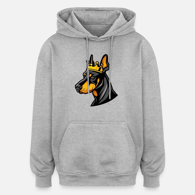 Doberman chien dessin animé couronne - Sweat à capuche oversize unisexe - gris chiné