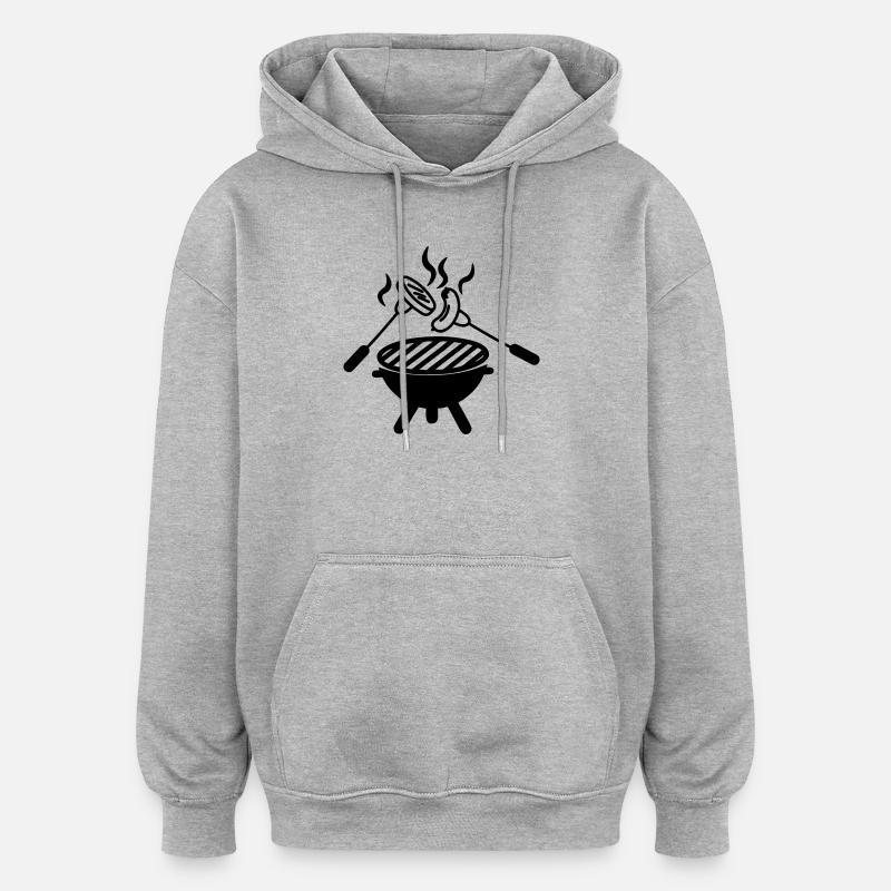 Barbecue au-dessus duquel fourchettes avec saucisse - Sweat à capuche oversize unisexe - gris chiné