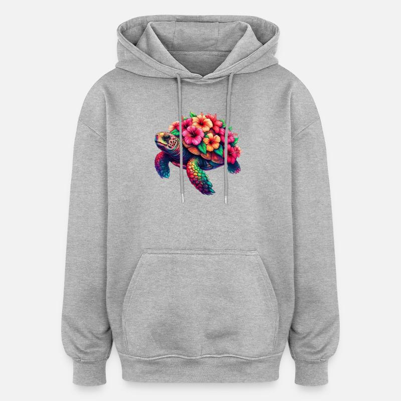 Tortue aux fleurs d’hibiscus - Sweat à capuche oversize unisexe - gris chiné