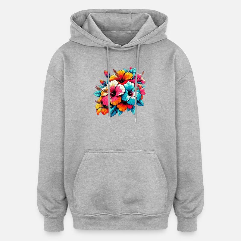 Fleurs d’hibiscus - Sweat à capuche oversize unisexe - gris chiné