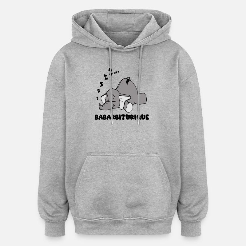 Schlafender Elefant mit dem Titel Babarbituric - Oversized Unisex Hoodie - Grau meliert