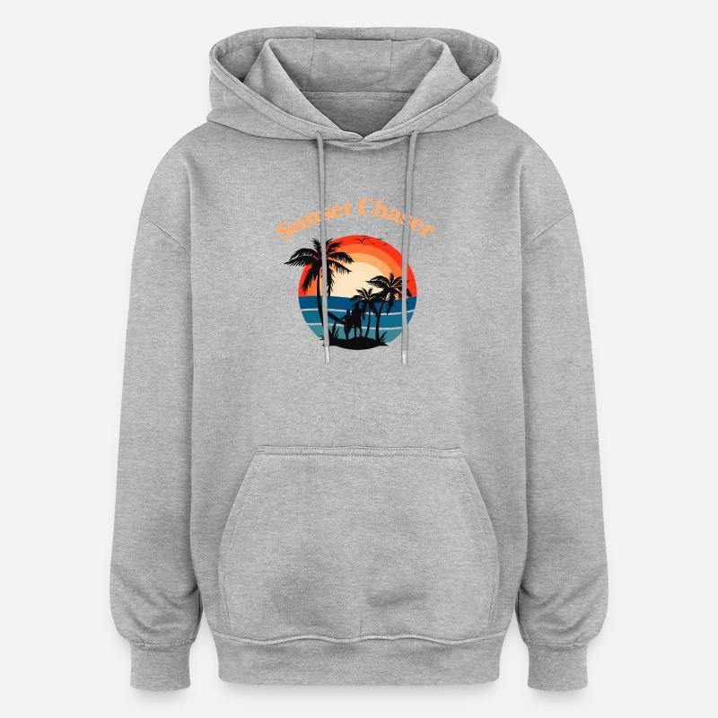 Retro Surfer Sunset Palm Tree Graphic - Sweat à capuche oversize unisexe - gris chiné