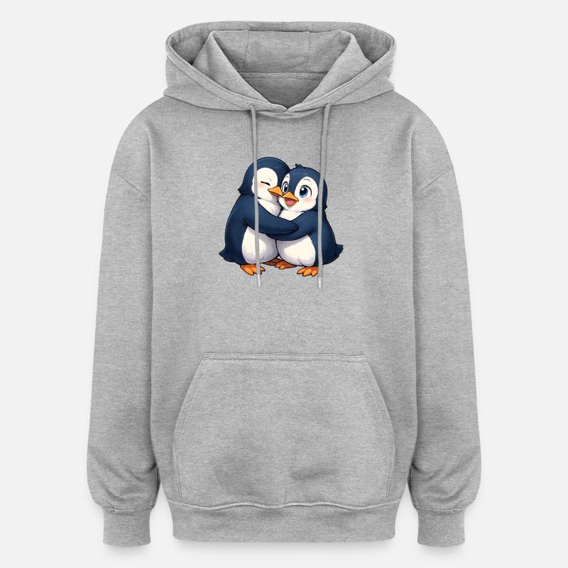 Amitié câline des manchots - Sweat à capuche oversize unisexe - gris chiné
