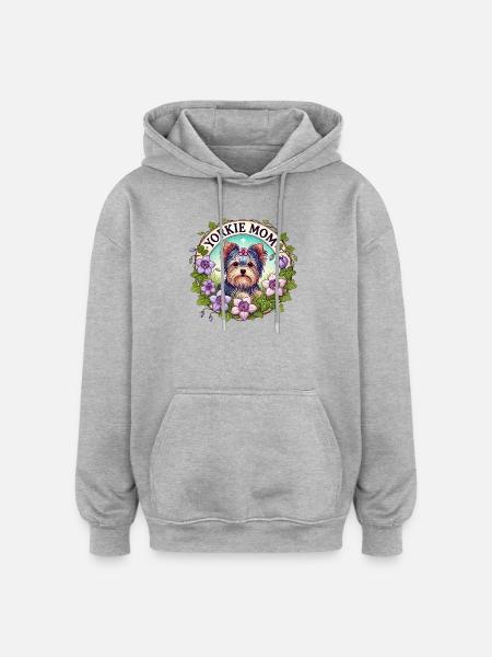Yorkie Mom Floral Circle - Oversized Unisex Hoodie - heather grey