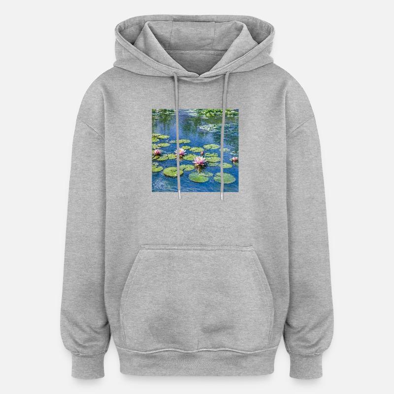 Lys sur un étang bleu - Sweat à capuche oversize unisexe - gris chiné